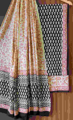 Premium Black and Brown Hand Block Printed Cotton Suit With Mulmul Dupatta