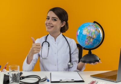 smiling-young-female-doctor-wearing-medical-robe-with-stethoscope-sitting-desk-work-computer-with-medical-tools-holding-globe-her-thumb-up-isolation-yellow-background-1