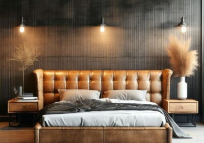 Industrial-Bedroom-with-Soft-Leather-Upholstered-Bed