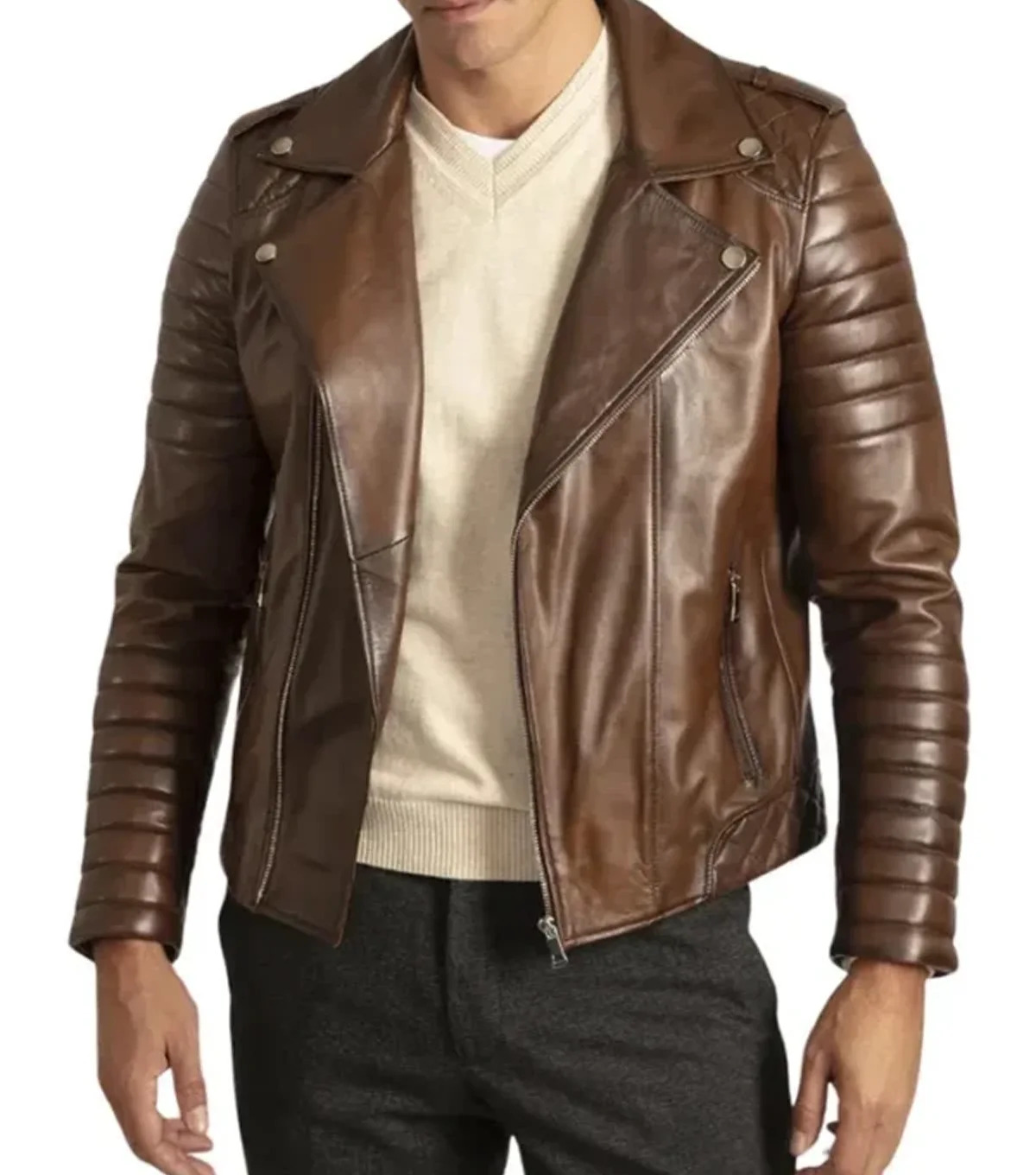 Mens Quilted Brown Motorcycle Leather Jacket | Classic Rider Style by Stegaro